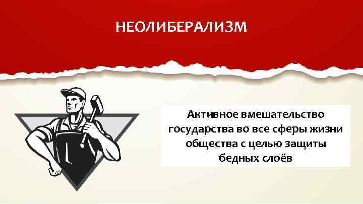 НЕОЛИБЕРАЛИЗМ Активное вмешательство государства во все сферы жизни общества с целью защиты бедных слоёв