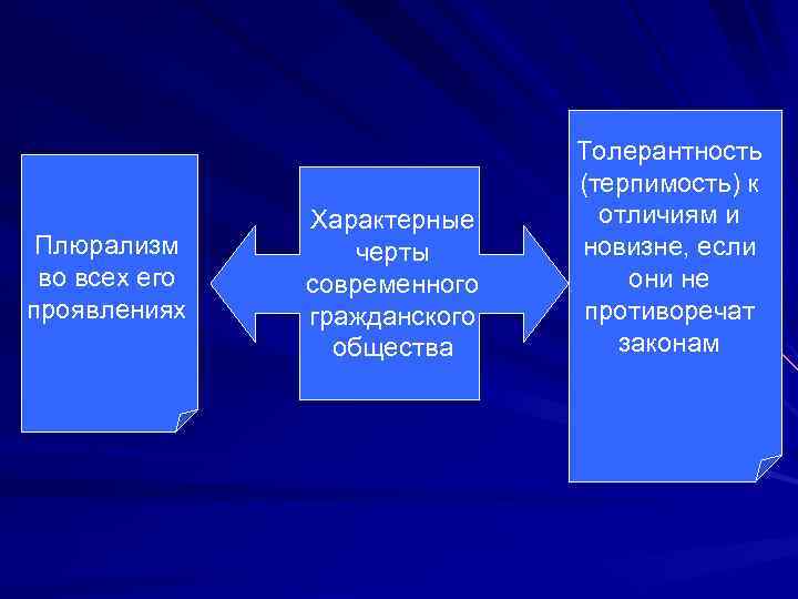 Плюрализм во всех его проявлениях Характерные черты современного гражданского общества Толерантность (терпимость) к отличиям
