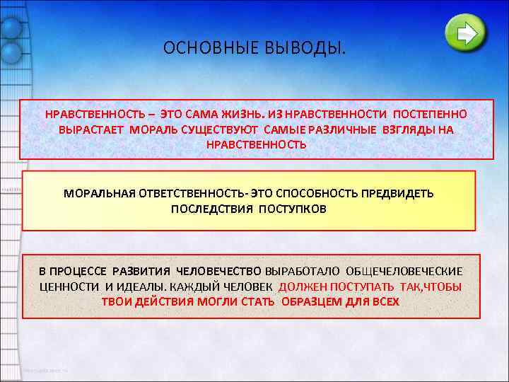 ОСНОВНЫЕ ВЫВОДЫ. НРАВСТВЕННОСТЬ – ЭТО САМА ЖИЗНЬ. ИЗ НРАВСТВЕННОСТИ ПОСТЕПЕННО ВЫРАСТАЕТ МОРАЛЬ СУЩЕСТВУЮТ САМЫЕ