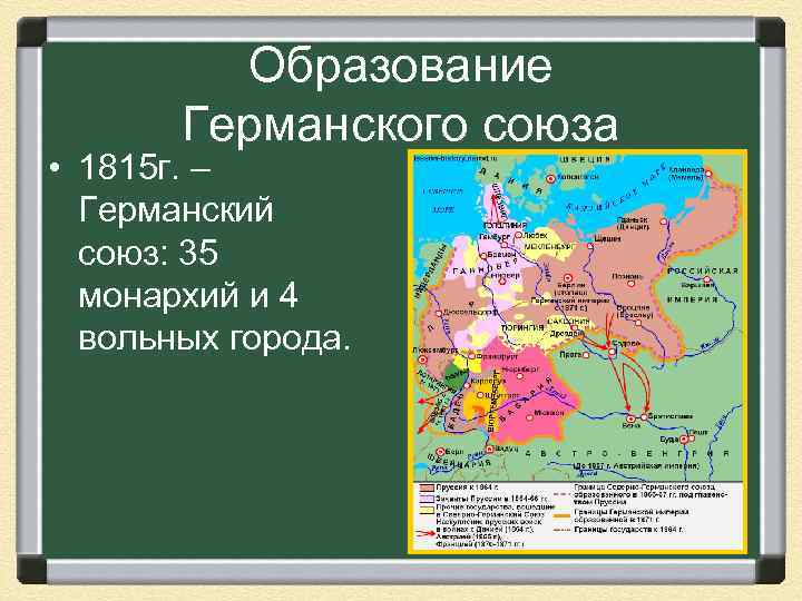 Образование Германского союза • 1815 г. – Германский союз: 35 монархий и 4 вольных