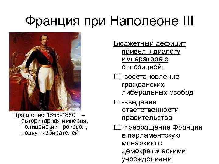 Франция при Наполеоне III Правление 1856 -1860 гг – авторитарная империя, полицейский произвол, подкуп