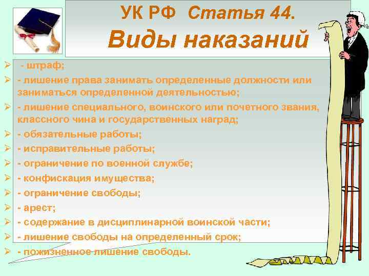 УК РФ Статья 44. Виды наказаний Ø - штраф; Ø - лишение права занимать