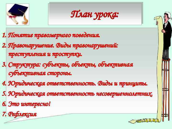 План урока: 1. Понятие правомерного поведения. 2. Правонарушение. Виды правонарушений: преступления и проступки. 3.