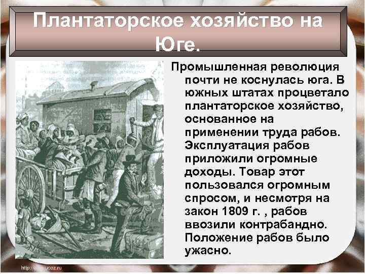 Плантаторское хозяйство на Юге. Промышленная революция почти не коснулась юга. В южных штатах процветало