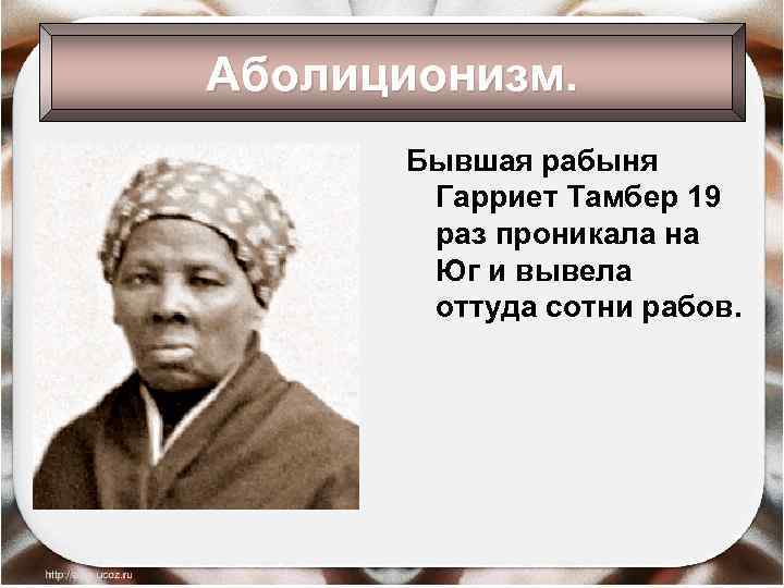 Аболиционизм. Бывшая рабыня Гарриет Тамбер 19 раз проникала на Юг и вывела оттуда сотни