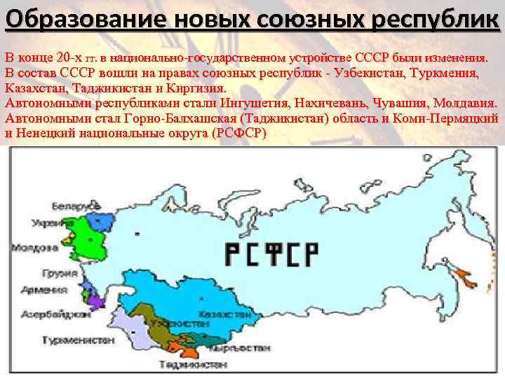 Образование новых союзных республик В конце 20 -х гг. в национально-государственном устройстве СССР были