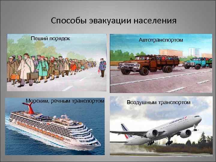 Способы эвакуации населения Пеший порядок Морским, речным транспортом Автотранспортом Воздушным транспортом 