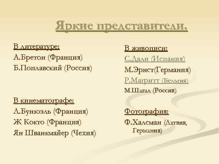 Яркие представители. В литературе: А. Бретон (Франция) Б. Поплавский (Россия) В живописи: С. Дали