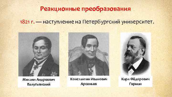 Реакционные преобразования 1821 г. — наступление на Петербургский университет. Михаил Андреевич Балугьянский Константин Иванович