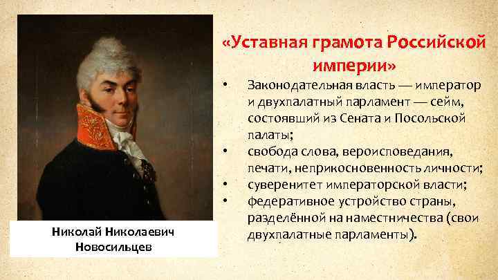  «Уставная грамота Российской империи» • • Николай Николаевич Новосильцев Законодательная власть — император