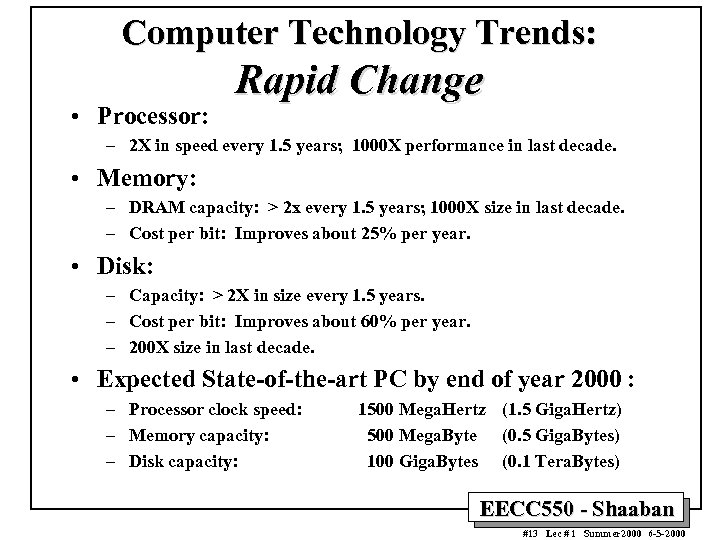 Computer Technology Trends: • Processor: Rapid Change – 2 X in speed every 1.
