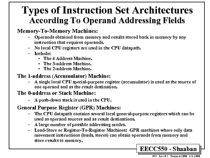 Types of Instruction Set Architectures According To Operand Addressing Fields Memory-To-Memory Machines: – Operands