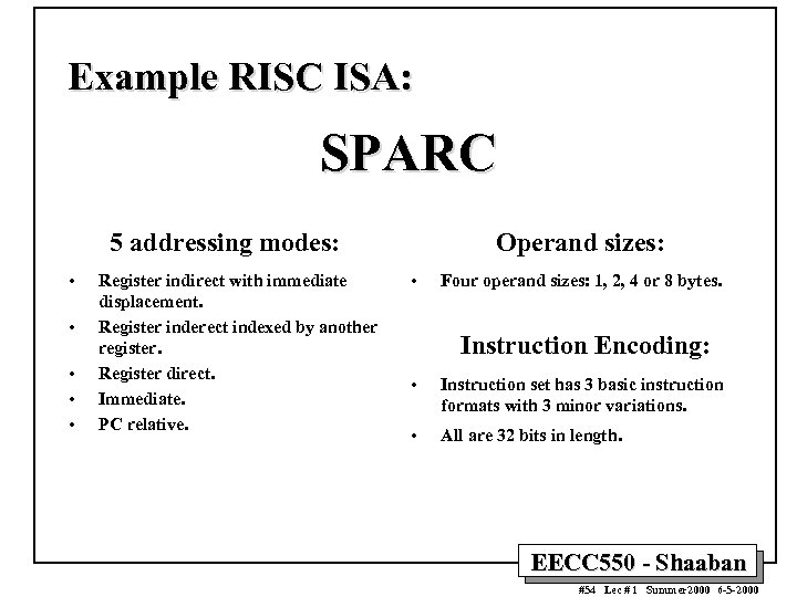 Example RISC ISA: SPARC 5 addressing modes: • • • Register indirect with immediate