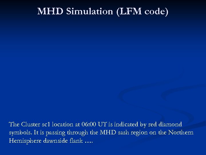 MHD Simulation (LFM code) The Cluster sc 1 location at 06: 00 UT is