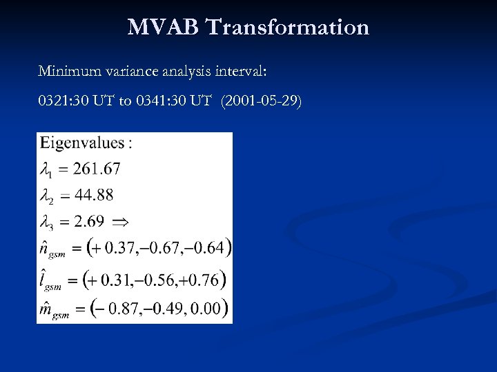 MVAB Transformation Minimum variance analysis interval: 0321: 30 UT to 0341: 30 UT (2001