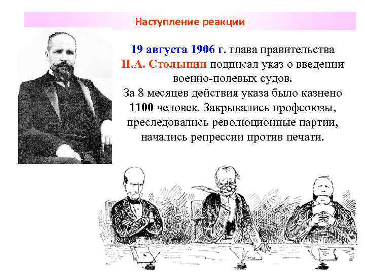 Наступление реакции 19 августа 1906 г. глава правительства П. А. Столыпин подписал указ о