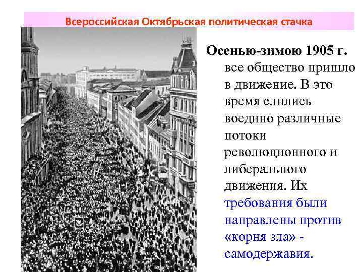 Всероссийская Октябрьская политическая стачка Осенью-зимою 1905 г. все общество пришло в движение. В это