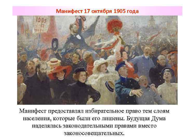 Манифест 17 октября 1905 года Манифест предоставлял избирательное право тем слоям населения, которые были