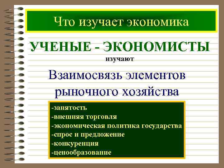 Что изучает экономика УЧЕНЫЕ - ЭКОНОМИСТЫ изучают Взаимосвязь элементов рыночного хозяйства -занятость -внешняя торговля