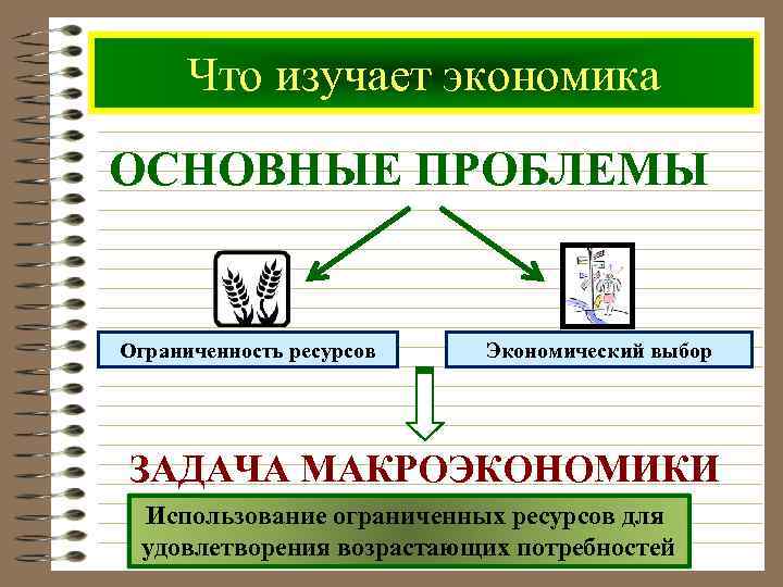 Что изучает экономика ОСНОВНЫЕ ПРОБЛЕМЫ Ограниченность ресурсов Экономический выбор ЗАДАЧА МАКРОЭКОНОМИКИ Использование ограниченных ресурсов