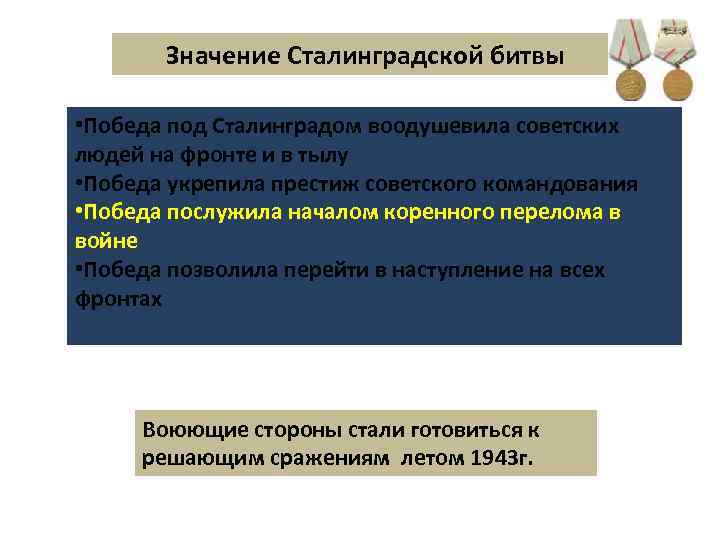 Значение Сталинградской битвы • Победа под Сталинградом воодушевила советских людей на фронте и в