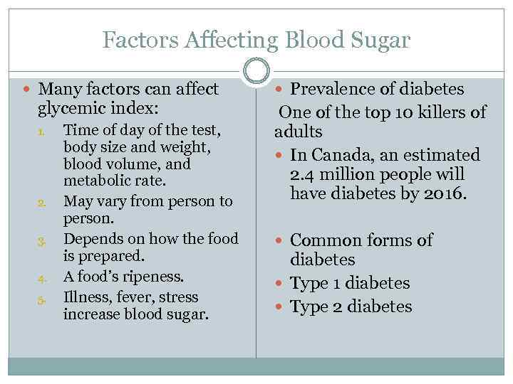 Factors Affecting Blood Sugar Many factors can affect glycemic index: 1. 2. 3. 4.