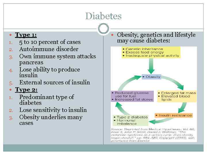 Diabetes Type 1: 1. 5 to 10 percent of cases 2. Autoimmune disorder 3.
