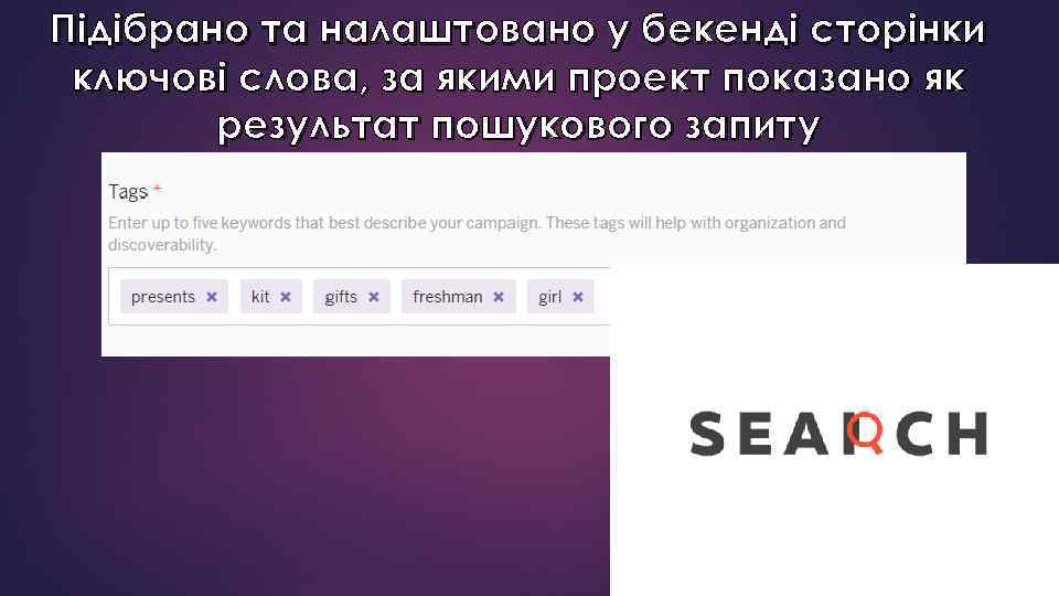 Підібрано та налаштовано у бекенді сторінки ключові слова, за якими проект показано як результат