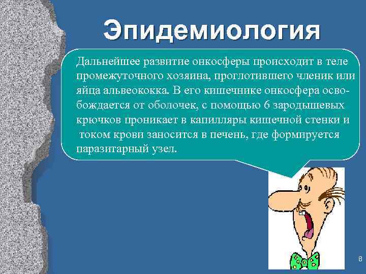 Эпидемиология Дальнейшее развитие онкосферы происходит в теле промежуточного хозяина, проглотившего членик или яйца альвеококка.