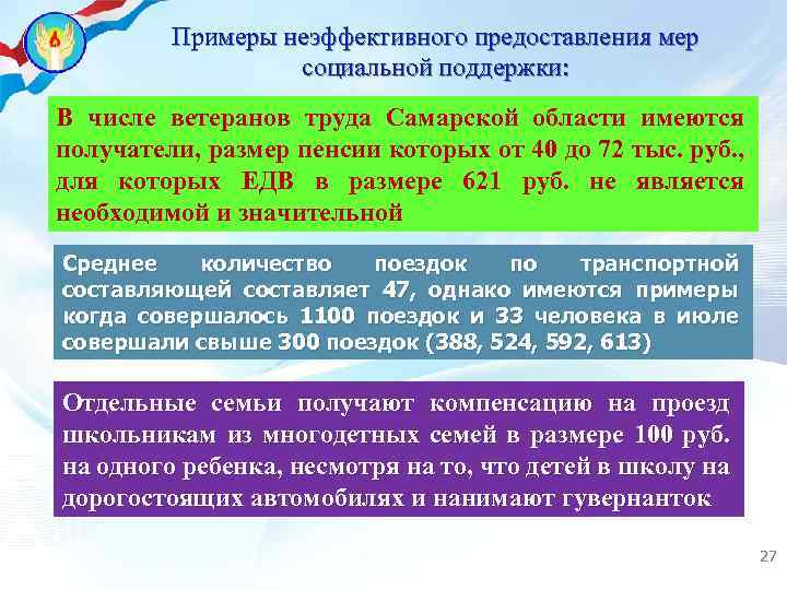 Примеры неэффективного предоставления мер социальной поддержки: В числе ветеранов труда Самарской области имеются получатели,