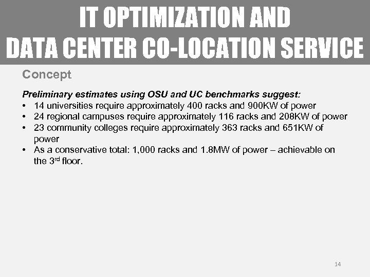 IT OPTIMIZATION AND DATA CENTER CO-LOCATION SERVICE Concept Preliminary estimates using OSU and UC