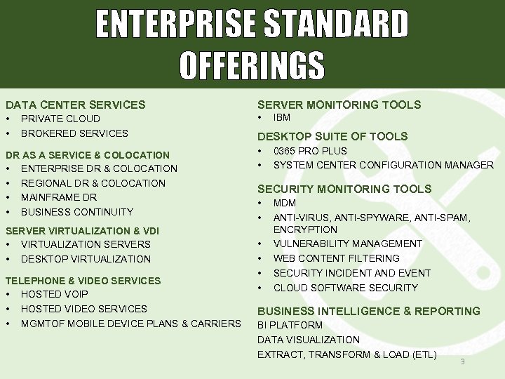 ENTERPRISE STANDARD OFFERINGS DATA CENTER SERVICES SERVER MONITORING TOOLS • • • PRIVATE CLOUD