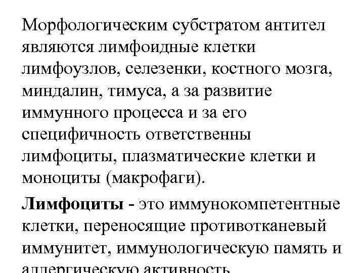 Морфологическим субстратом антител являются лимфоидные клетки лимфоузлов, селезенки, костного мозга, миндалин, тимуса, а за