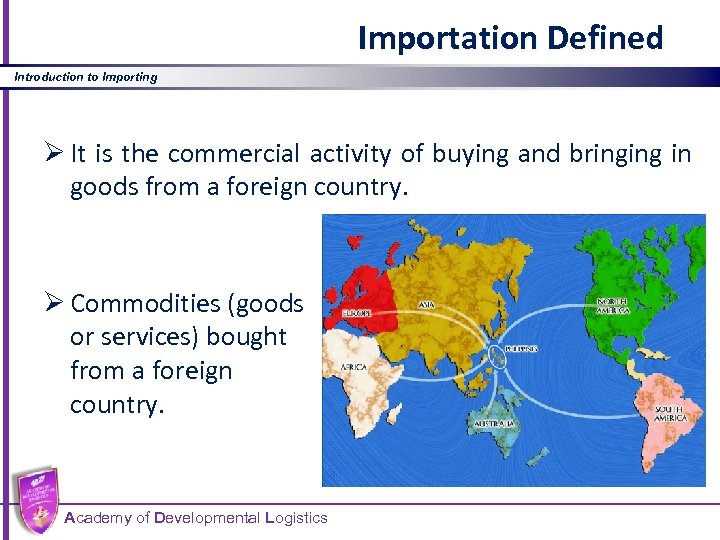 Importation Defined Introduction to Importing Ø It is the commercial activity of buying and
