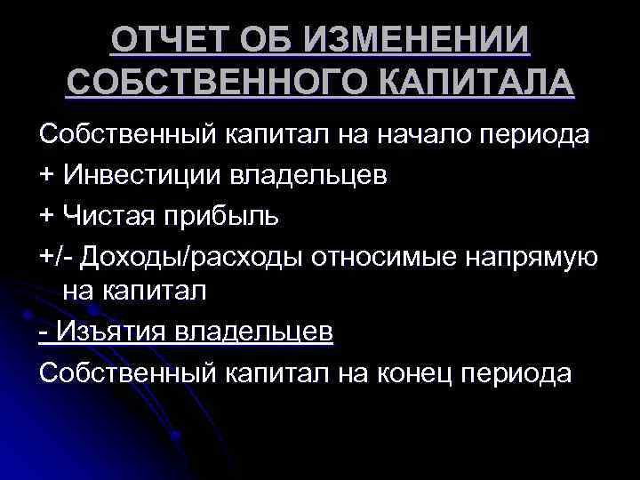 ОТЧЕТ ОБ ИЗМЕНЕНИИ СОБСТВЕННОГО КАПИТАЛА Собственный капитал на начало периода + Инвестиции владельцев +