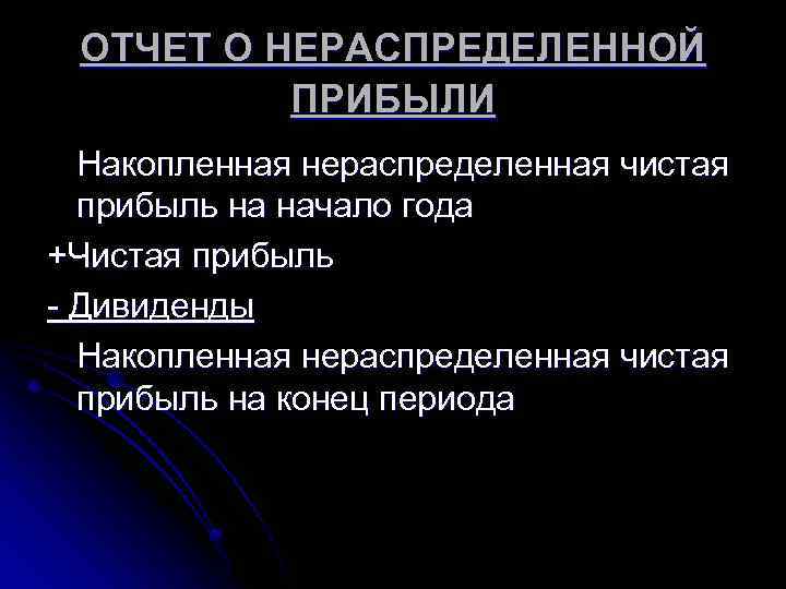 ОТЧЕТ О НЕРАСПРЕДЕЛЕННОЙ ПРИБЫЛИ Накопленная нераспределенная чистая прибыль на начало года +Чистая прибыль -