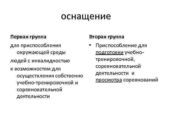 оснащение Первая группа Вторая группа для приспособления окружающей среды людей с инвалидностью к возможностям