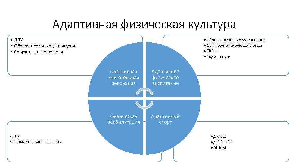 Адаптивная физическая культура • Образовательные учреждения • ДОУ компенсирующего вида • СКОШ • Ссузы