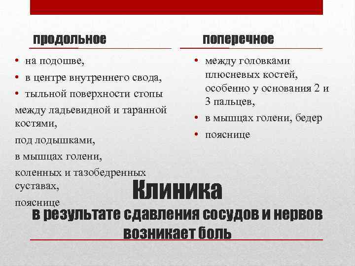 продольное поперечное • на подошве, • в центре внутреннего свода, • тыльной поверхности стопы