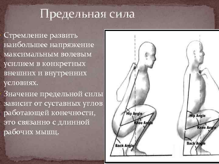 Предельная сила Стремление развить наибольшее напряжение максимальным волевым усилием в конкретных внешних и внутренних