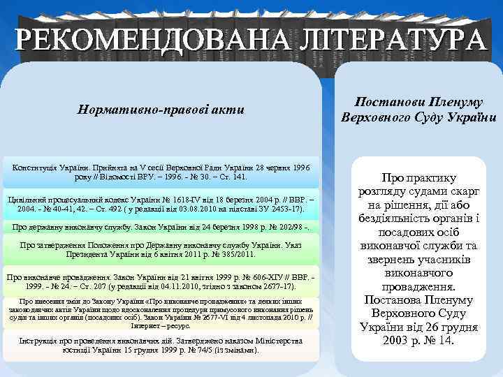 РЕКОМЕНДОВАНА ЛІТЕРАТУРА Нормативно-правові акти Конституція України. Прийнята на V сесії Верховної Ради України 28