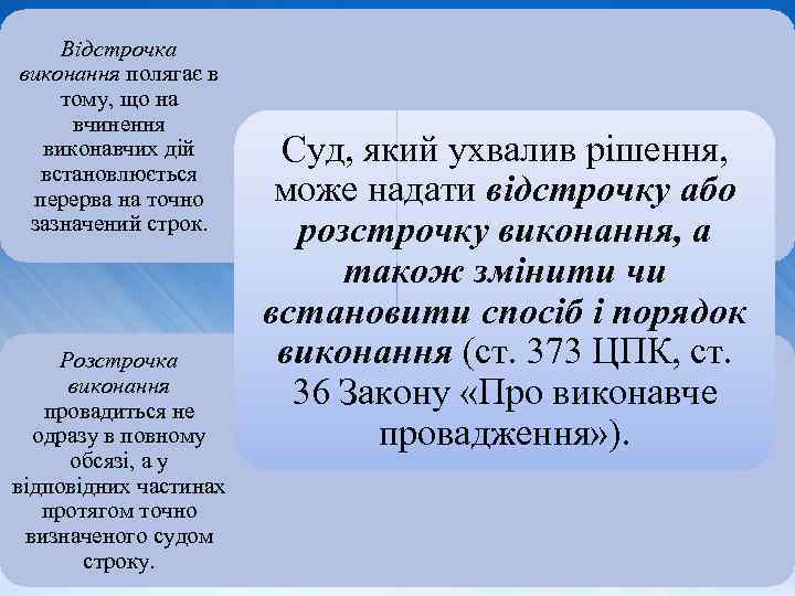 Відстрочка виконання полягає в тому, що на вчинення виконавчих дій встановлюється перерва на точно