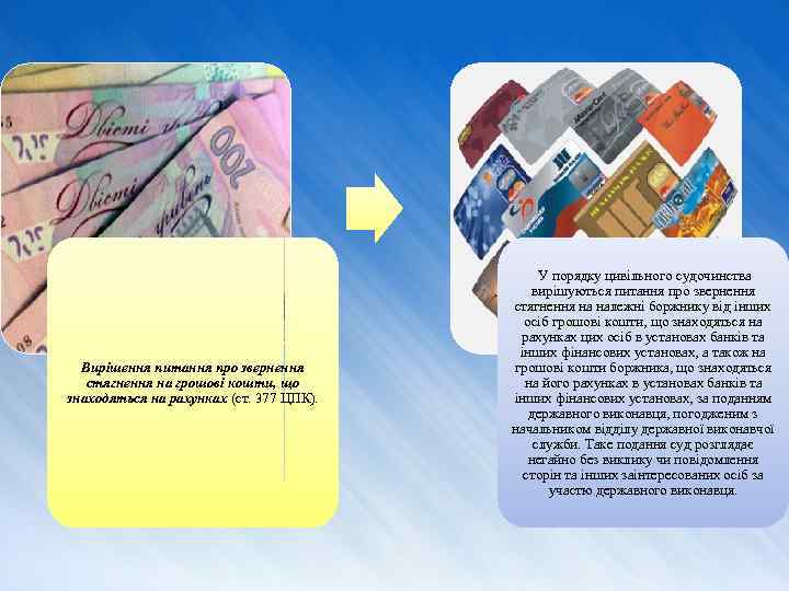 Вирішення питання про звернення стягнення на грошові кошти, що знаходяться на рахунках (ст. 377