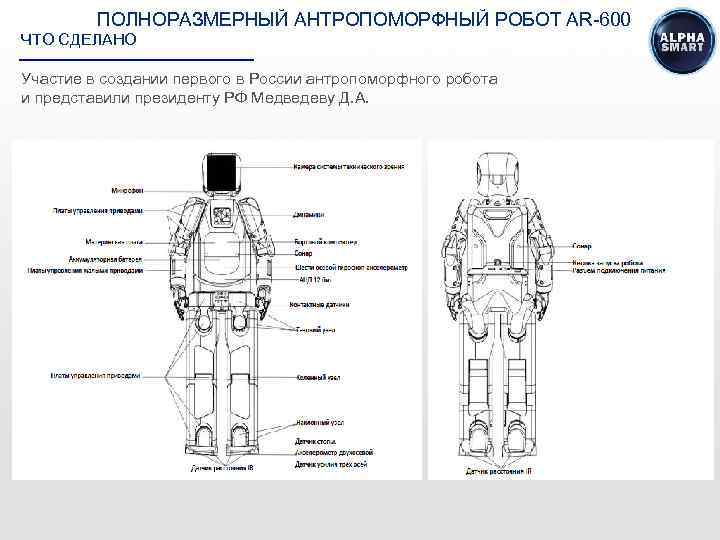 ПОЛНОРАЗМЕРНЫЙ АНТРОПОМОРФНЫЙ РОБОТ AR-600 ЧТО СДЕЛАНО Участие в создании первого в России антропоморфного робота