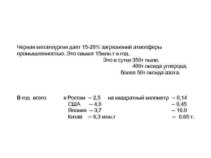 Черная металлургия дает 15 -20% загрязнений атмосферы промышленностью. Это свыше 15 млн. т в