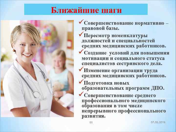 Ближайшие шаги Совершенствование нормативно – правовой базы. Пересмотр номенклатуры должностей и специальностей средних медицинских