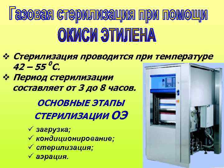  Стерилизация проводится при температуре 0 42 – 55 С. Период стерилизации составляет от
