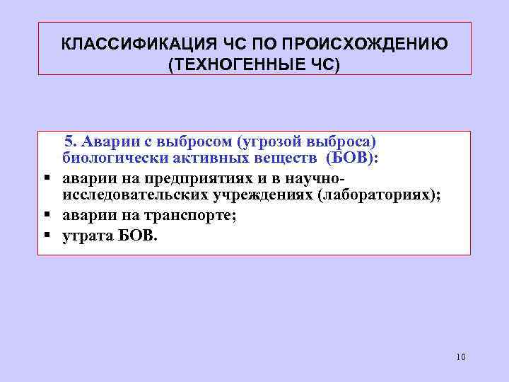 КЛАССИФИКАЦИЯ ЧС ПО ПРОИСХОЖДЕНИЮ (ТЕХНОГЕННЫЕ ЧС) 5. Аварии с выбросом (угрозой выброса) биологически активных