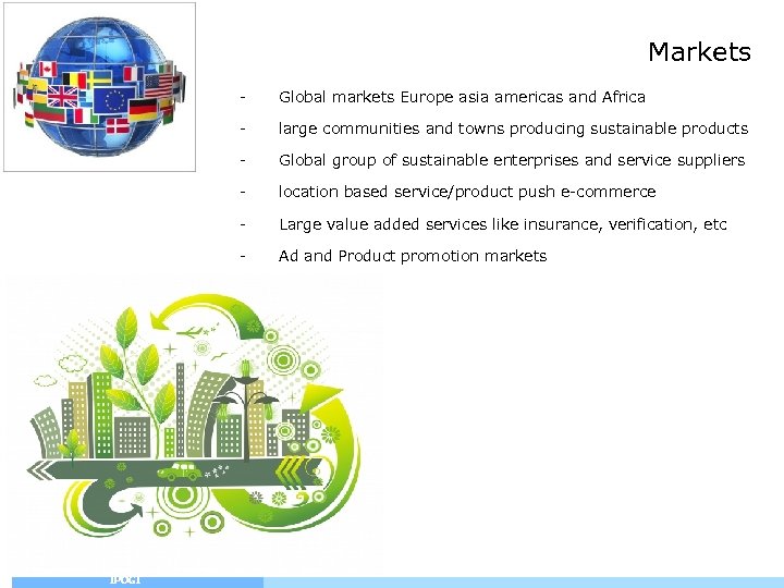 Markets - large communities and towns producing sustainable products - Global group of sustainable