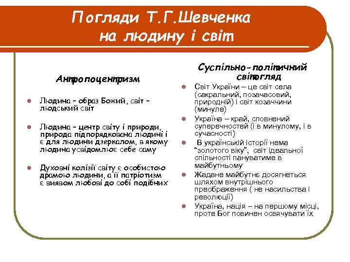 Погляди Т. Г. Шевченка на людину і світ Антропоцентризм l l l Суспільно-політичний світогляд